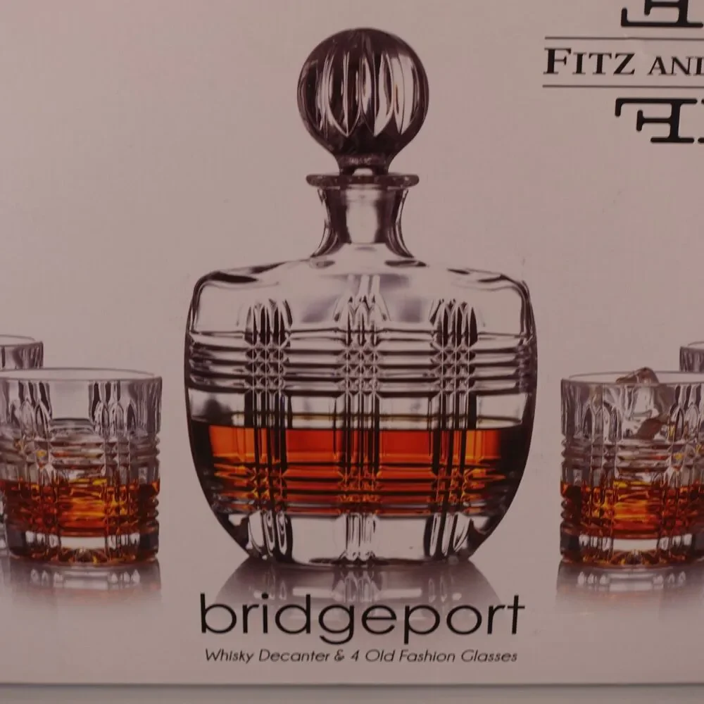 Fitz and Floyd Bridgeport Whiskey Decanter and 4 Old Fashion Whiskey Glasses NIB